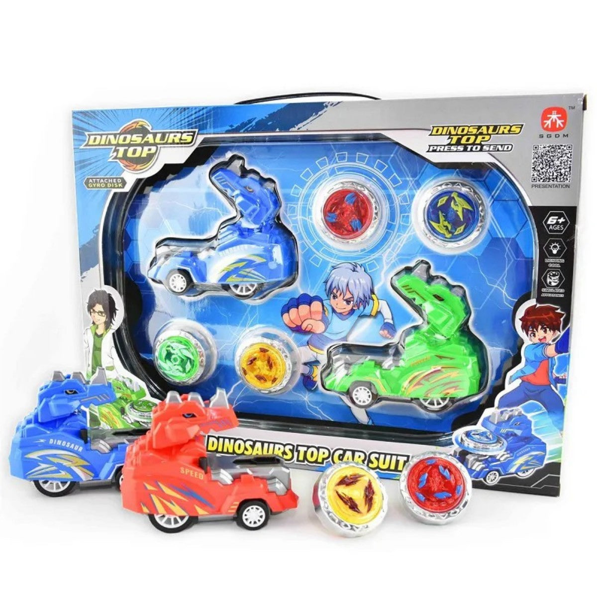 FUNTOP Dinosaurs Top Car Suit with dinosaur-shaped cars and spinning tops in colorful packaging for kids' battle play.